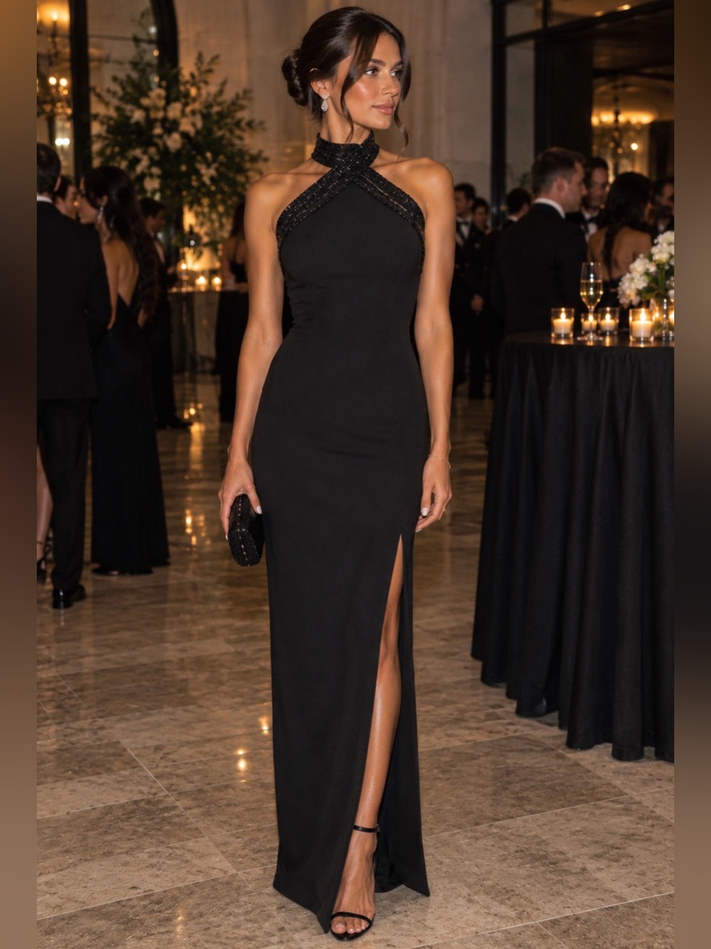 Vintage Y2K Caché Black Beaded Halter Evening Gown - Size 6